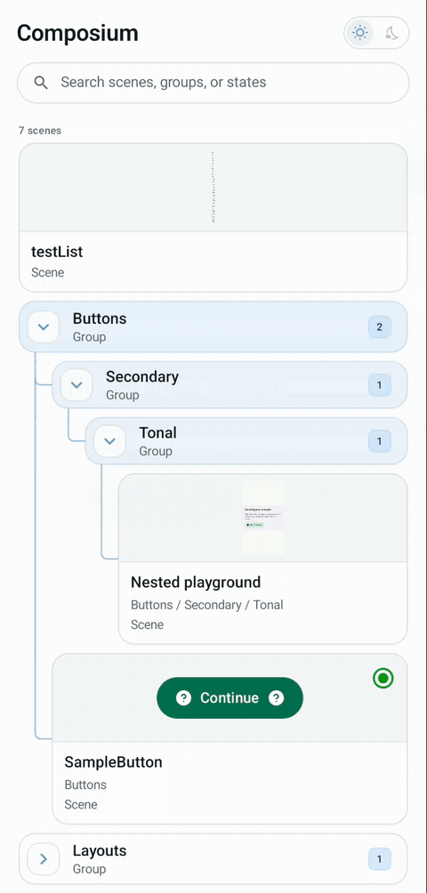 Composium Android catalog with nested scene groups, thumbnails, and a sample button